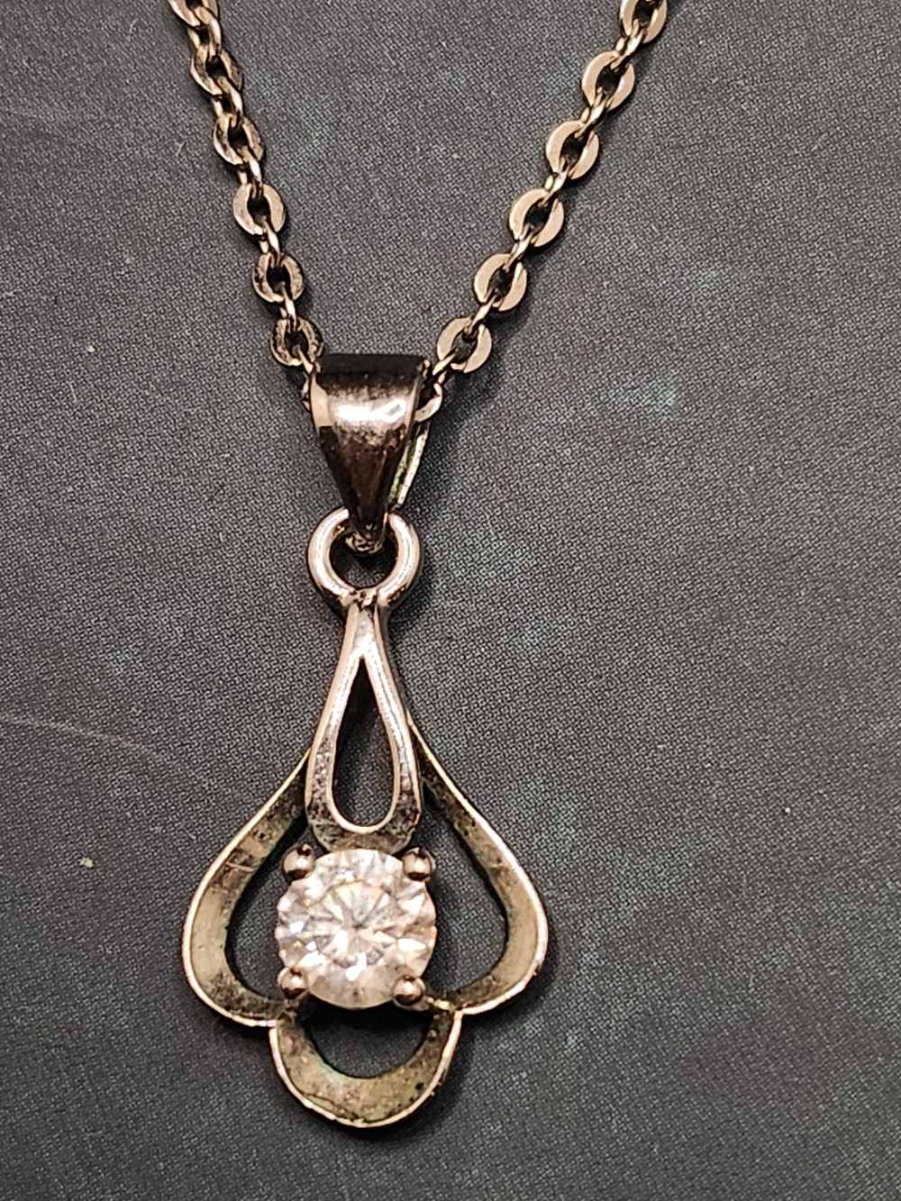 Silver-Tone Floral Teardrop Pendant Necklace with Clear Stone